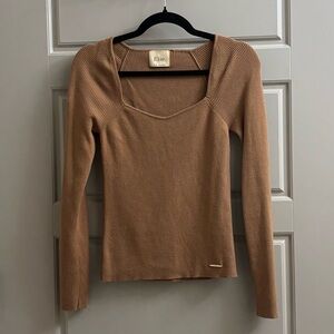 Elie Tahari Ribbed Crewneck Top in Warm Camel